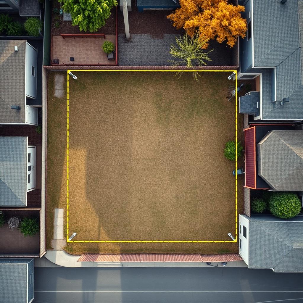 Vista aérea de um lote urbano com demarcação topográfica das divisas e estacas nos vértices